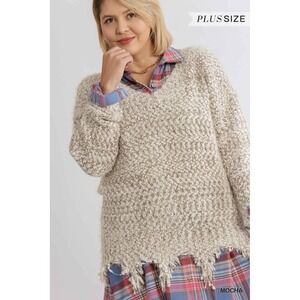 Umgee V-Neck Long Sleeve Knit Pullover Sweater with Frayed Hem